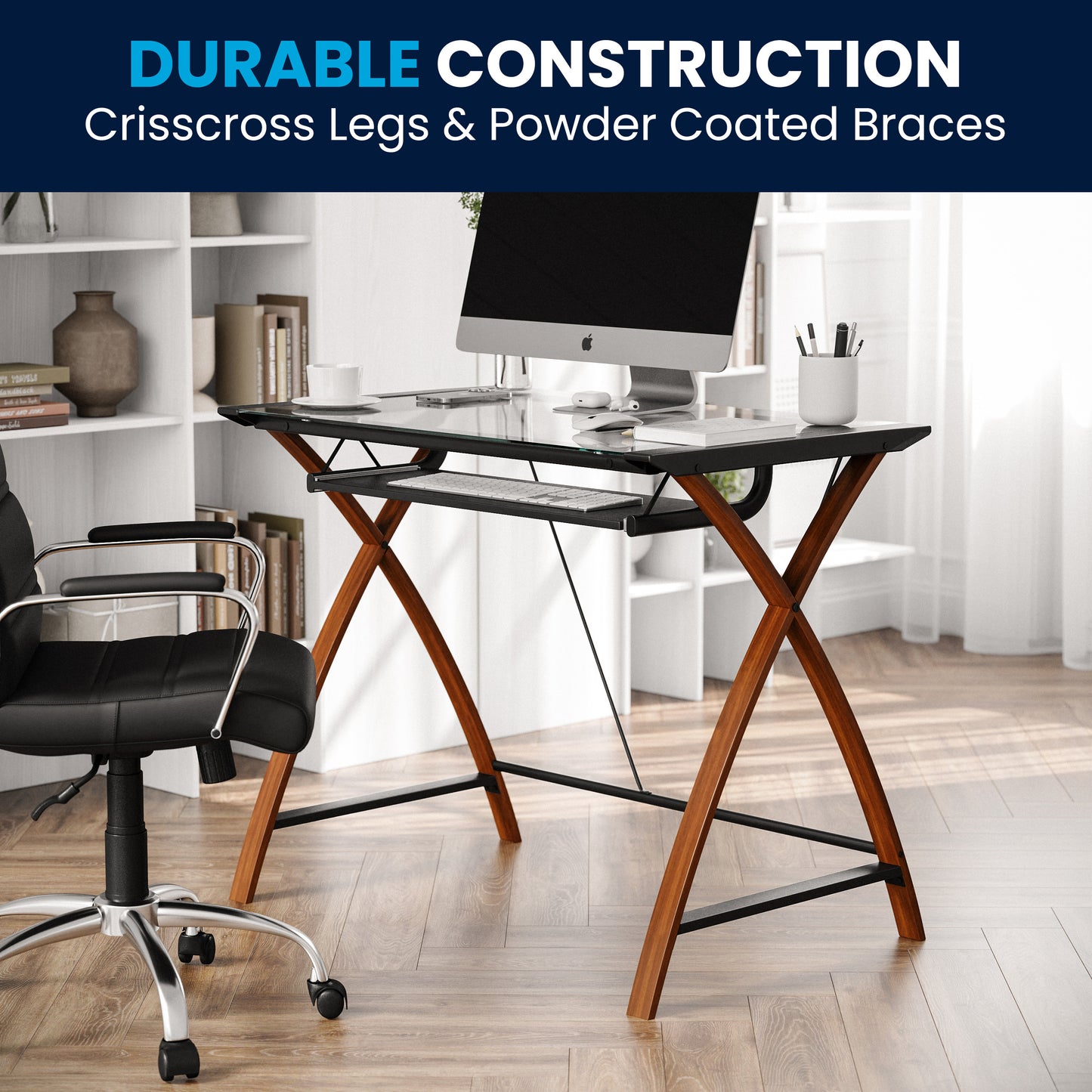 Jude Glass Computer Desk with Pull-Out Keyboard Tray and Crisscross Frame Clear Top/Cherry Frame