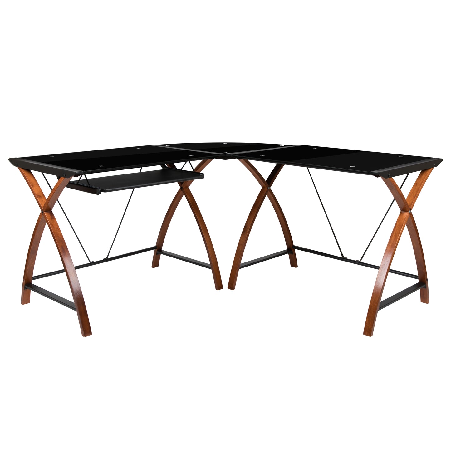 Jude Black Glass L-Shape Corner Computer Desk with Pull-Out Keyboard Tray Black Top/Cherry Frame