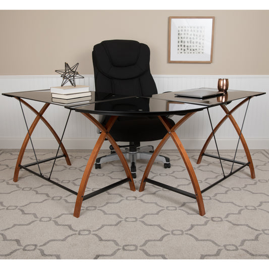 Jude Black Glass L-Shape Corner Computer Desk with Pull-Out Keyboard Tray Black Top/Cherry Frame NAN-JN-2824SL-COMBO-BK-GG