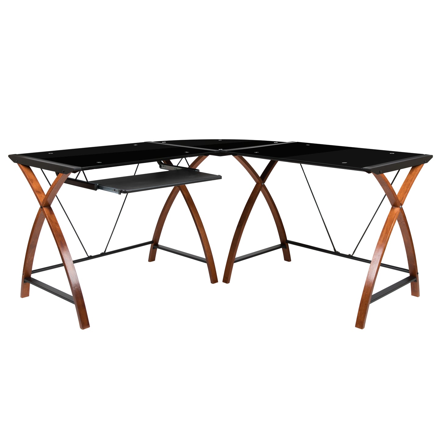 Jude Black Glass L-Shape Corner Computer Desk with Pull-Out Keyboard Tray Black Top/Cherry Frame