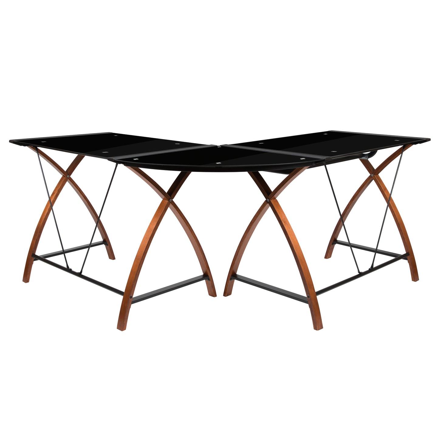 Jude Black Glass L-Shape Corner Computer Desk with Pull-Out Keyboard Tray Black Top/Cherry Frame