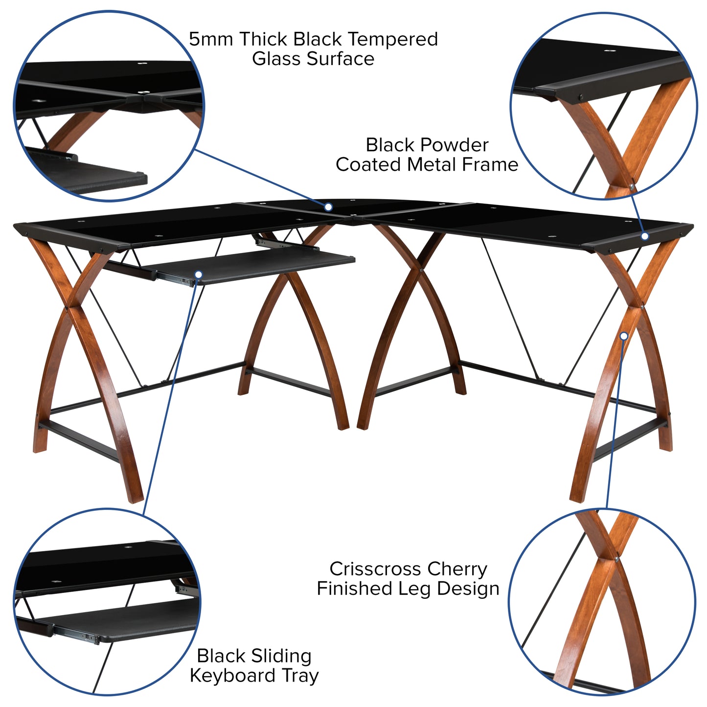 Jude Black Glass L-Shape Corner Computer Desk with Pull-Out Keyboard Tray Black Top/Cherry Frame