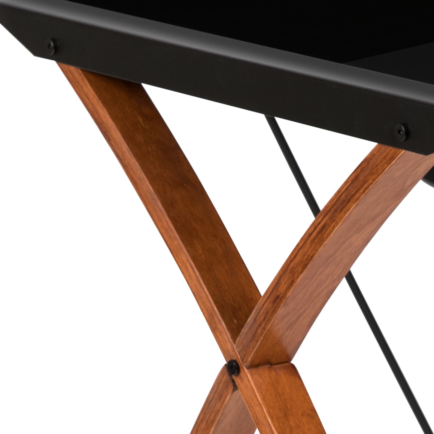 Jude Black Glass L-Shape Corner Computer Desk with Pull-Out Keyboard Tray Black Top/Cherry Frame