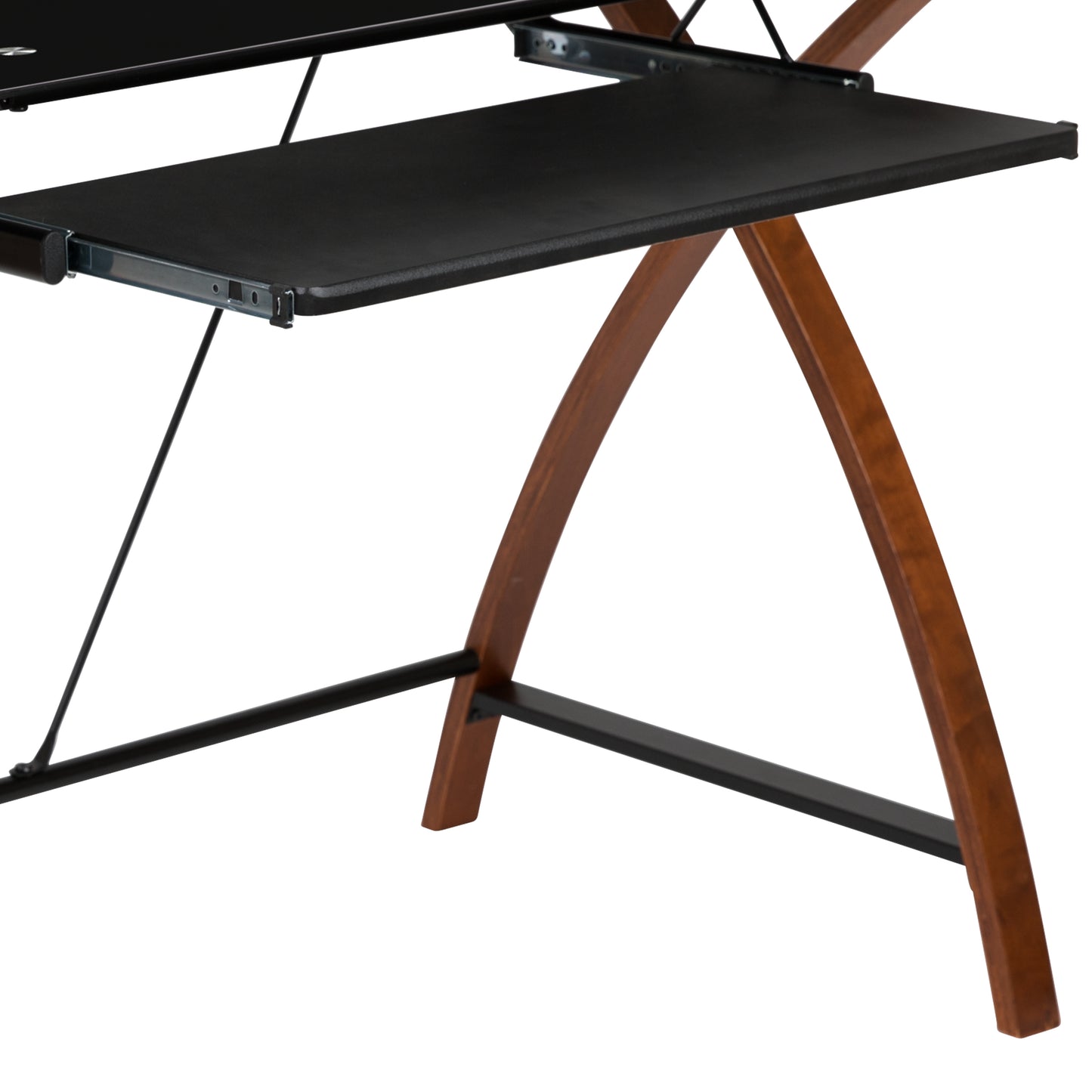 Jude Black Glass L-Shape Corner Computer Desk with Pull-Out Keyboard Tray Black Top/Cherry Frame