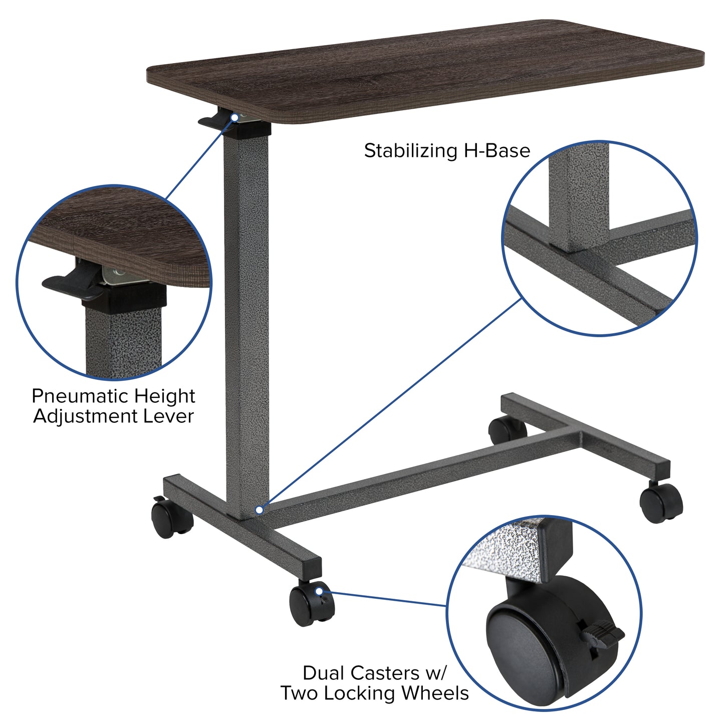 Fenwick Adjustable Overbed Table with Wheels for Home and Hospital Oak