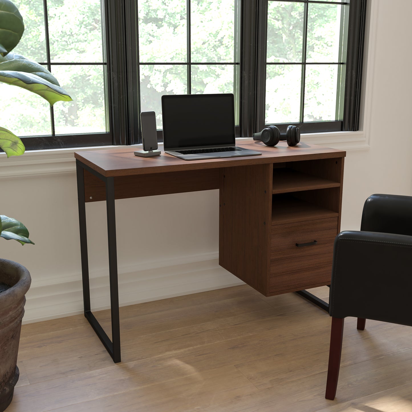 Northbrook Rustic Coffee Wood Grain Finish Computer Desk with Black Metal Frame Rustic NAN-NJ-HD10168-GG