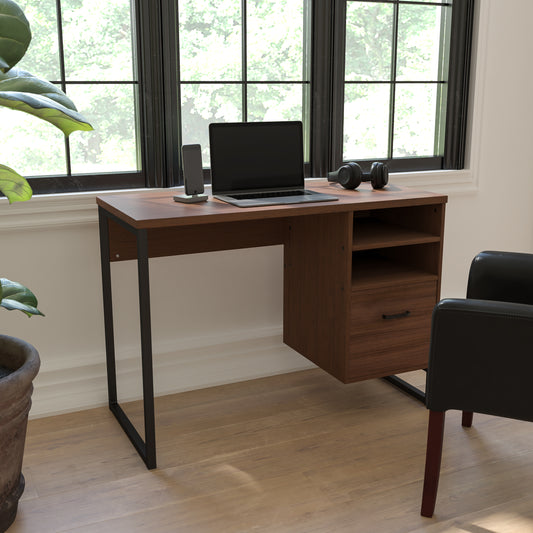 Northbrook Rustic Coffee Wood Grain Finish Computer Desk with Black Metal Frame Rustic