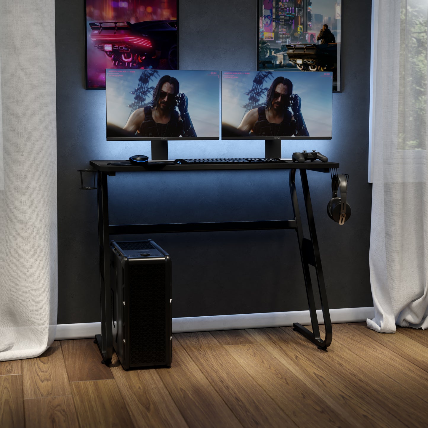 Fisher Black Gaming Ergonomic Desk with Cup Holder and Headphone Hook Black