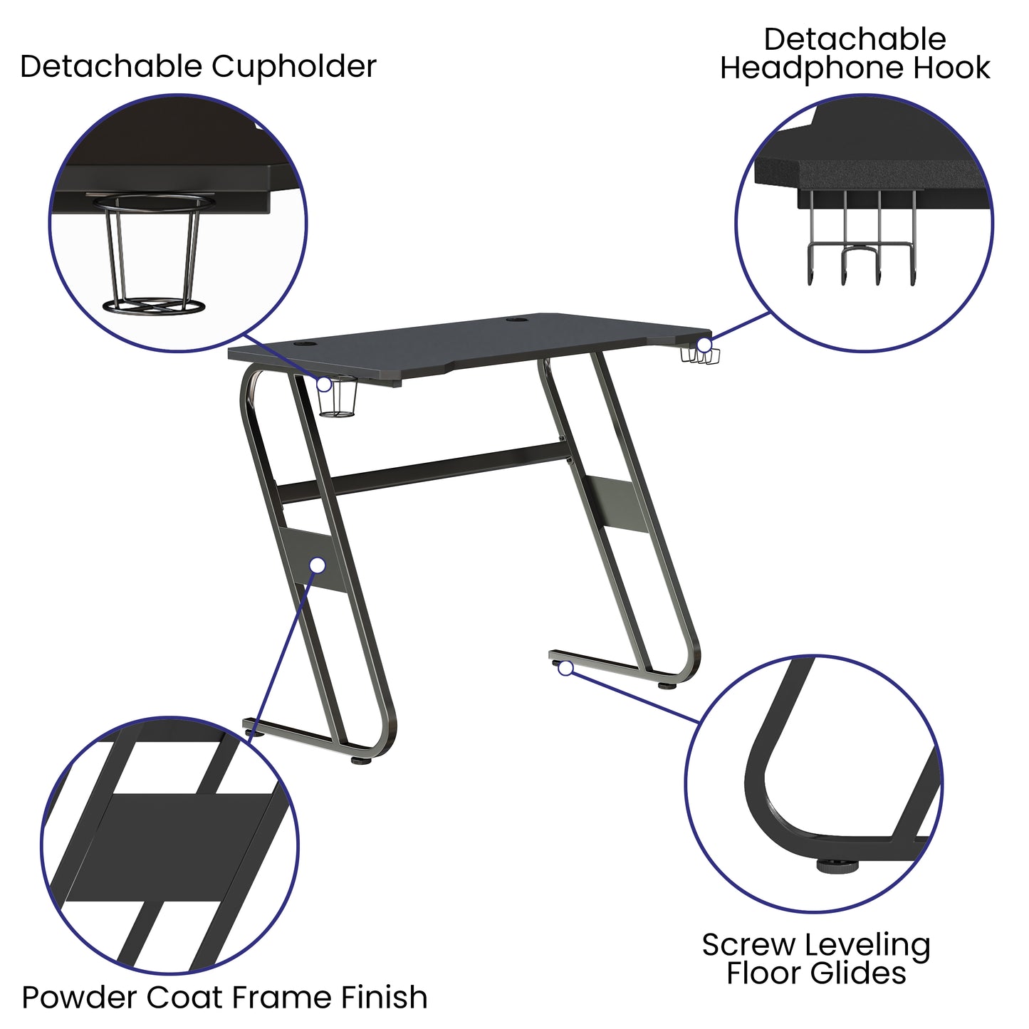 Fisher Black Gaming Ergonomic Desk with Cup Holder and Headphone Hook Black
