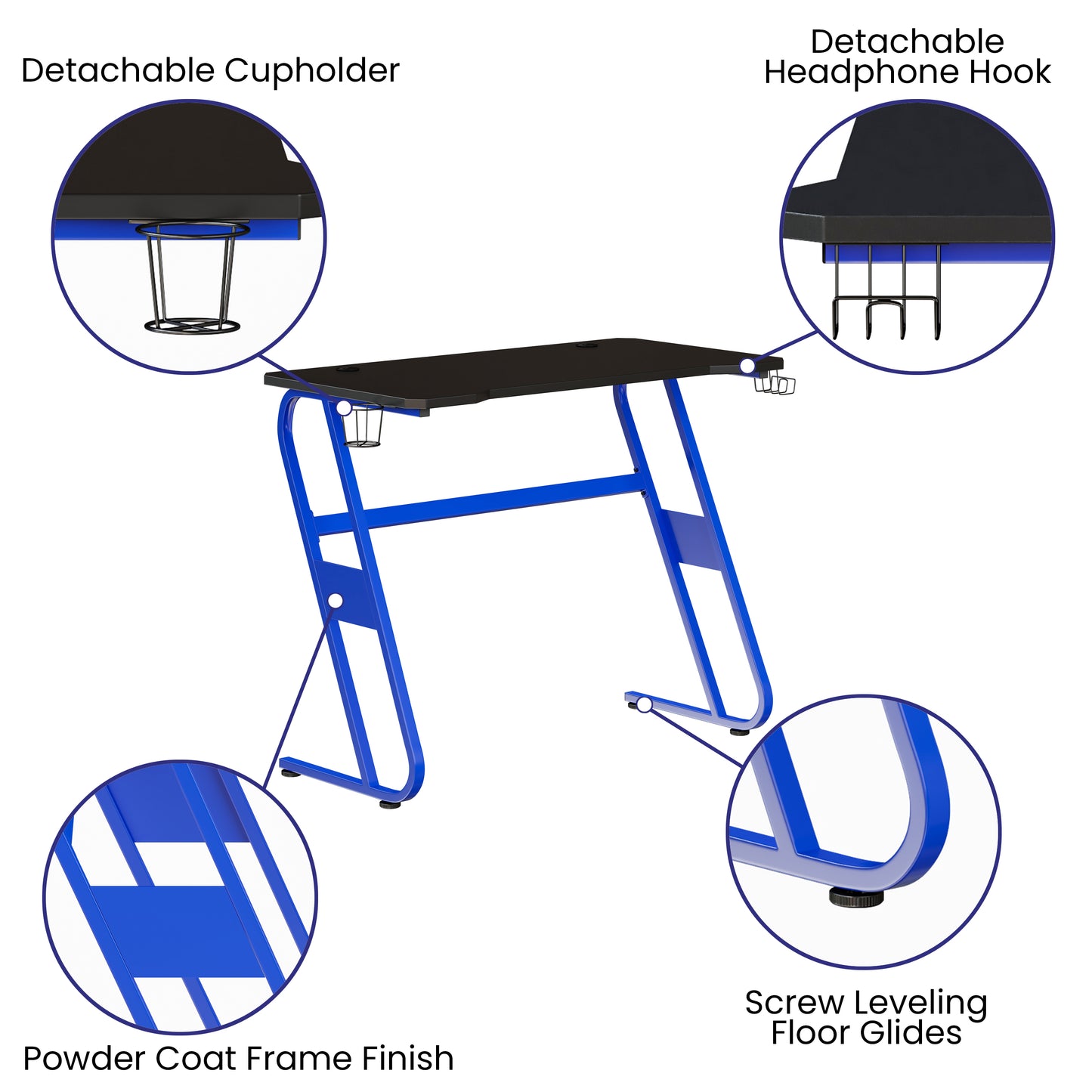 Fisher Blue Gaming Ergonomic Desk with Cup Holder and Headphone Hook Blue