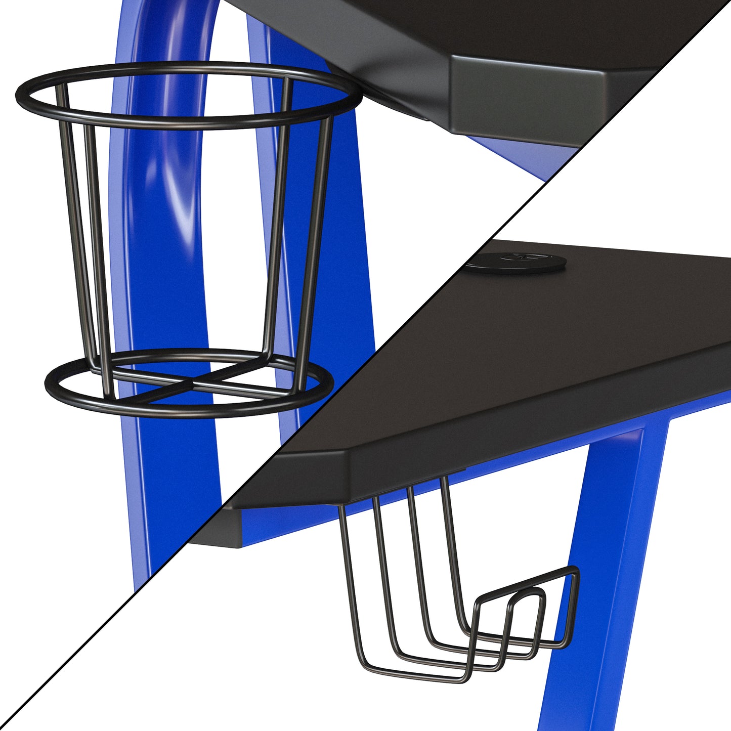 Fisher Blue Gaming Ergonomic Desk with Cup Holder and Headphone Hook Blue