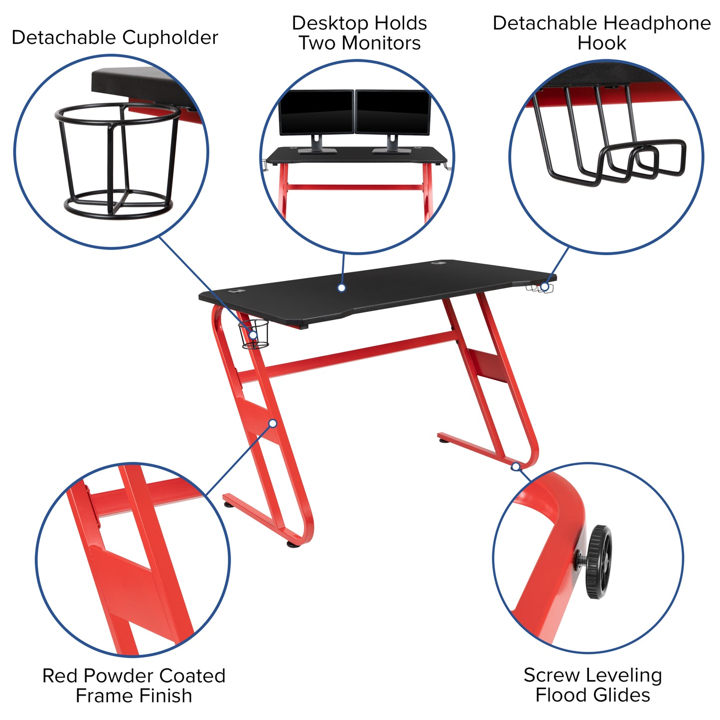 Fisher Red Gaming Ergonomic Desk with Cup Holder and Headphone Hook Red
