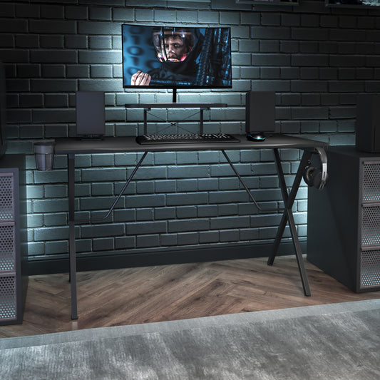 Mallot Black Gaming Desk with Cup Holder, Headphone Hook, and Monitor/Smartphone Stand Black Top/Black Frame NAN-RS-G1031-BK-GG