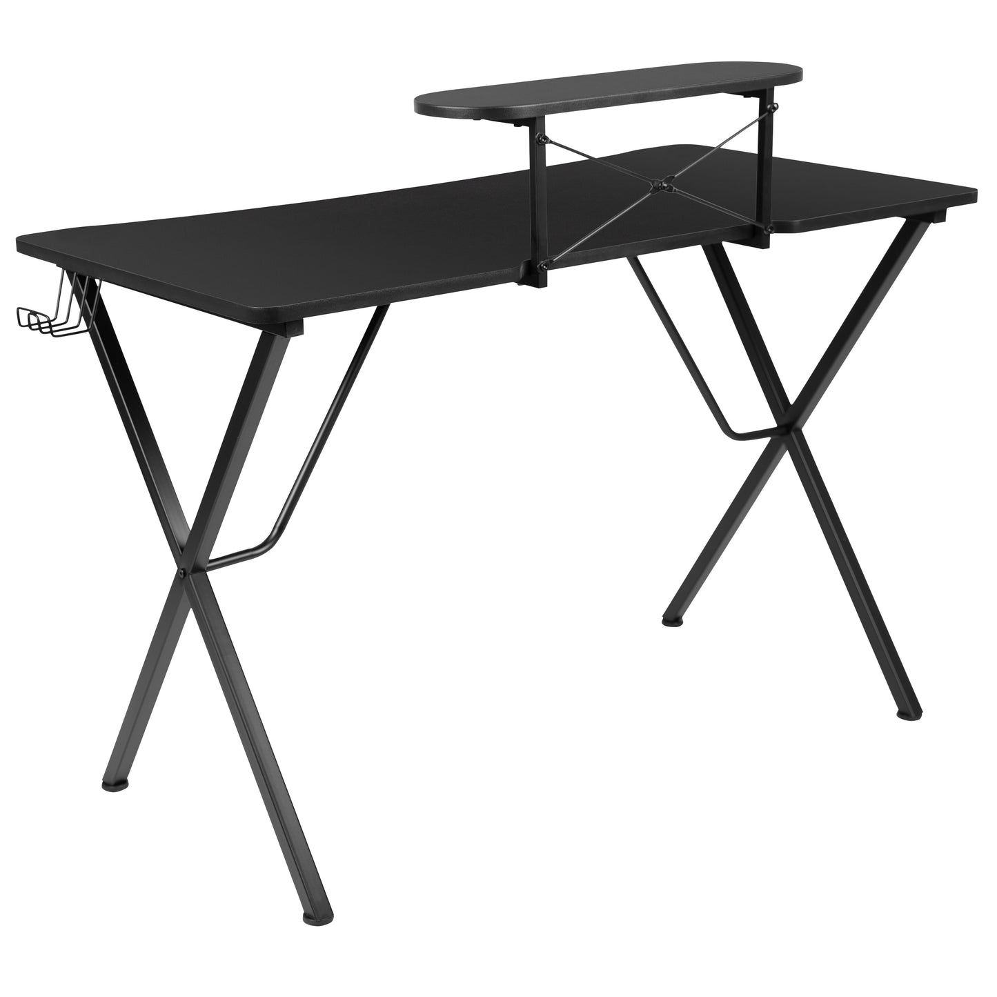 Mallot Black Gaming Desk with Cup Holder, Headphone Hook, and Monitor/Smartphone Stand Black Top/Black Frame