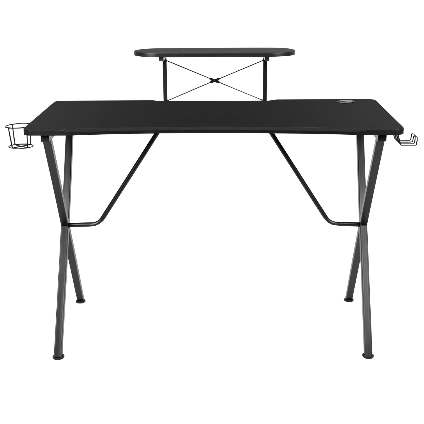Mallot Black Gaming Desk with Cup Holder, Headphone Hook, and Monitor/Smartphone Stand Black Top/Black Frame