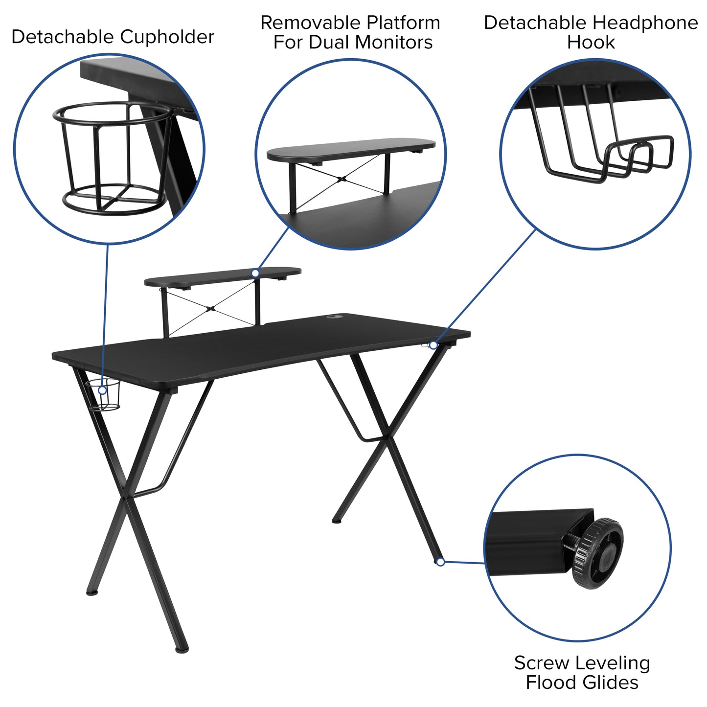 Mallot Black Gaming Desk with Cup Holder, Headphone Hook, and Monitor/Smartphone Stand Black Top/Black Frame