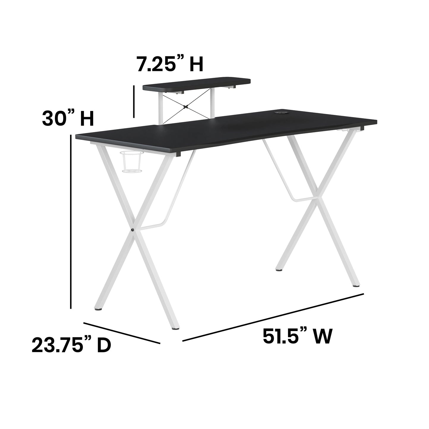 Mallot Black Gaming Desk and White Frame with Cup Holder, Headphone Hook, and Monitor/Smartphone Stand Black Top/White Frame