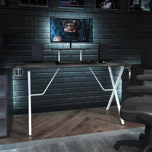 Mallot Black Gaming Desk and White Frame with Cup Holder, Headphone Hook, and Monitor/Smartphone Stand Black Top/White Frame NAN-RS-G1031-BK-WH-GG