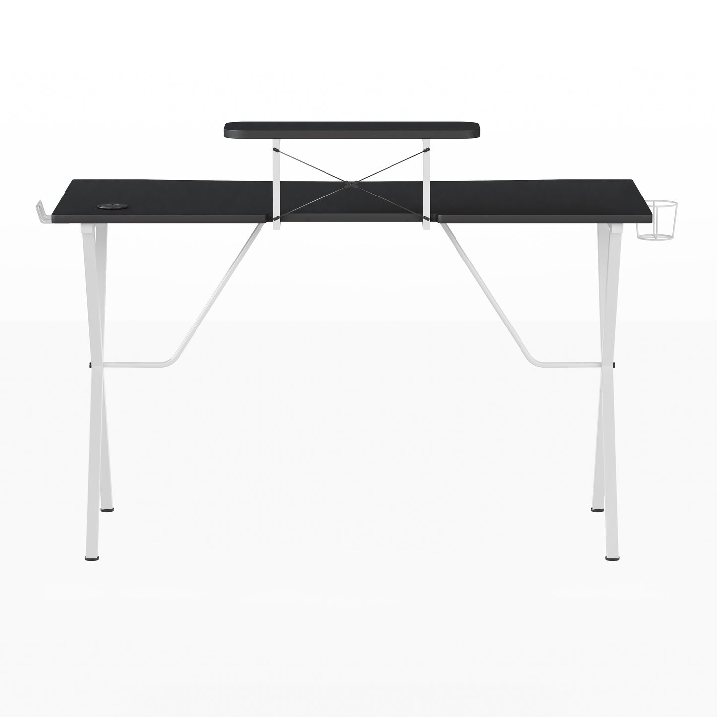 Mallot Black Gaming Desk and White Frame with Cup Holder, Headphone Hook, and Monitor/Smartphone Stand Black Top/White Frame