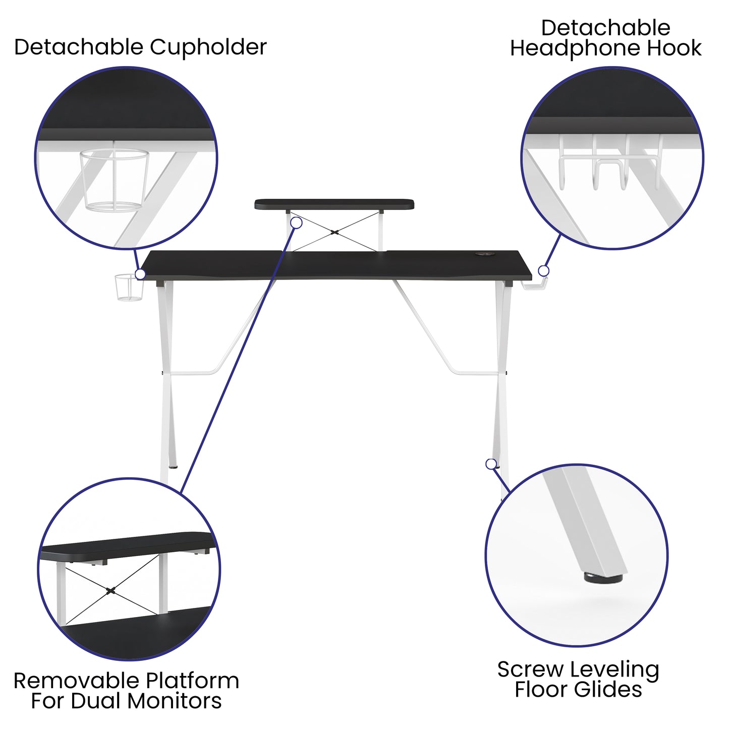 Mallot Black Gaming Desk and White Frame with Cup Holder, Headphone Hook, and Monitor/Smartphone Stand Black Top/White Frame