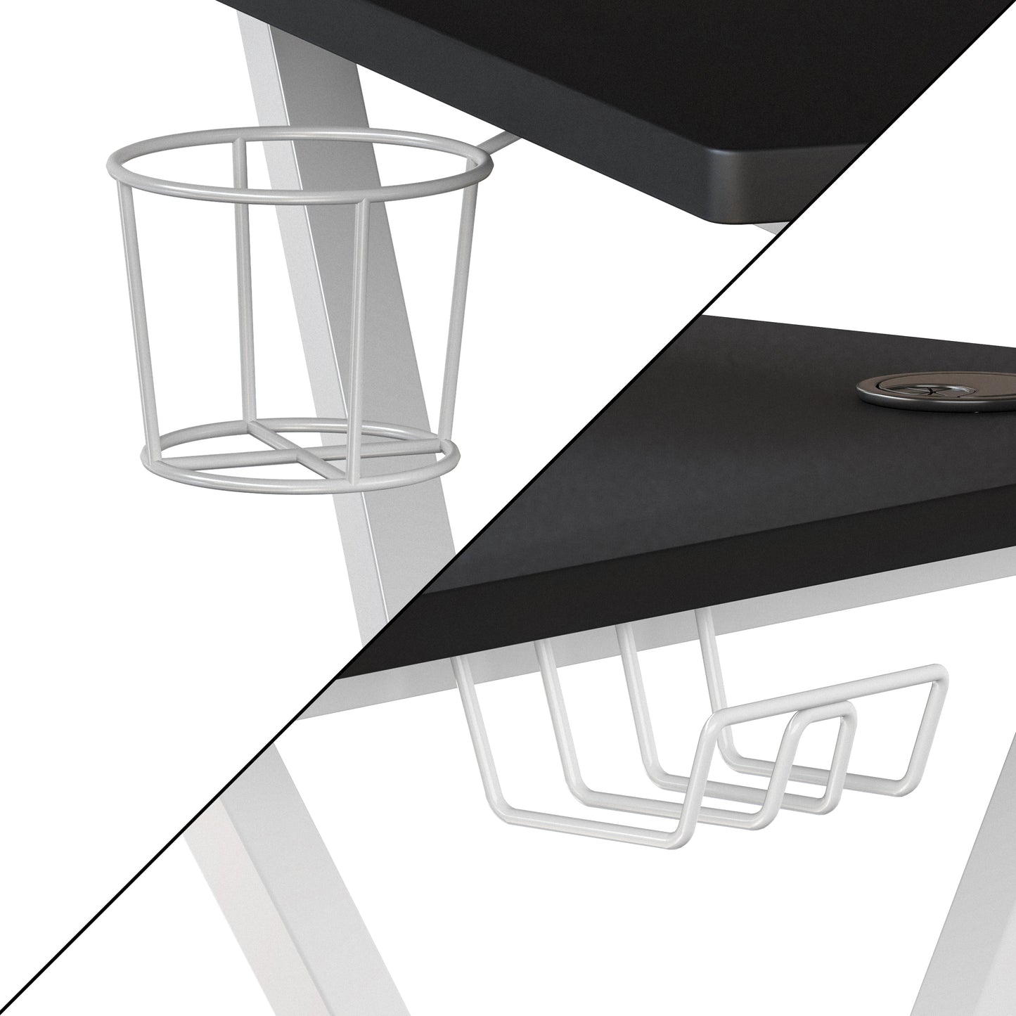 Mallot Black Gaming Desk and White Frame with Cup Holder, Headphone Hook, and Monitor/Smartphone Stand Black Top/White Frame