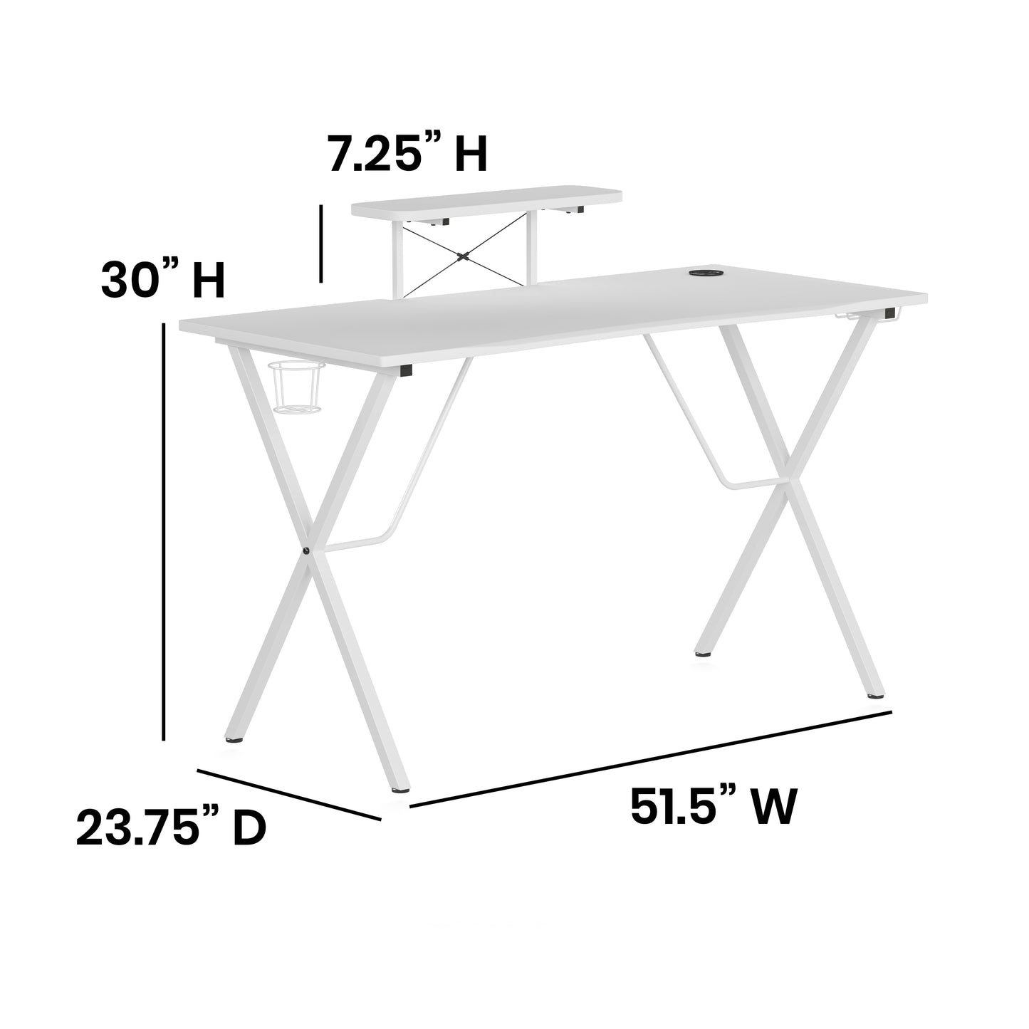 Mallot White Gaming Desk with Cup Holder, Headphone Hook, and Monitor/Smartphone Stand White Top/White Frame