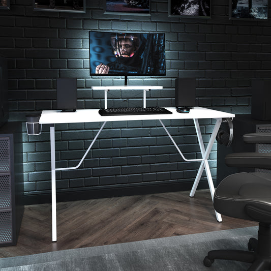 Mallot White Gaming Desk with Cup Holder, Headphone Hook, and Monitor/Smartphone Stand White Top/White Frame NAN-RS-G1031-WH-GG