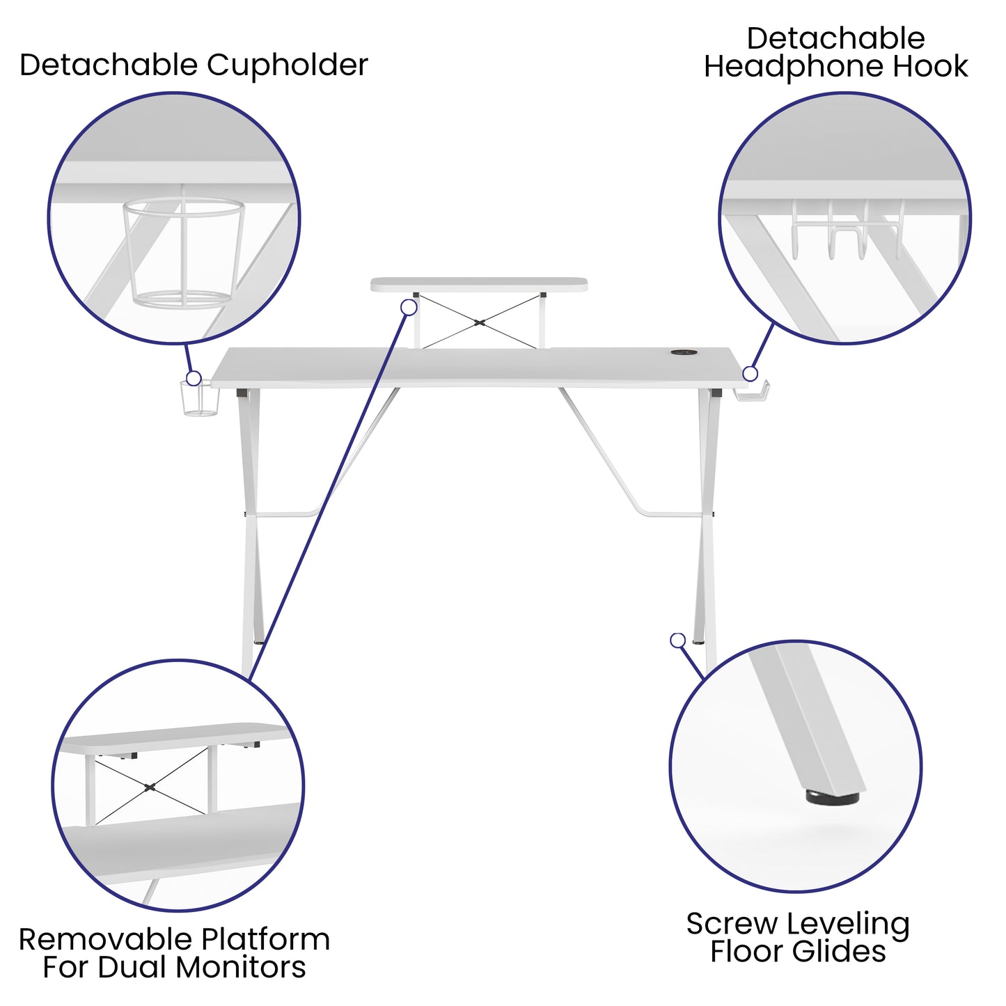 Mallot White Gaming Desk with Cup Holder, Headphone Hook, and Monitor/Smartphone Stand White Top/White Frame
