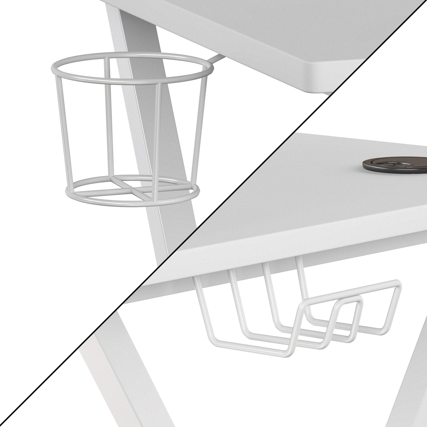 Mallot White Gaming Desk with Cup Holder, Headphone Hook, and Monitor/Smartphone Stand White Top/White Frame