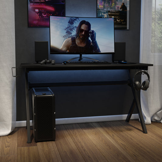 Duncan 55" x 24" Extra Large Gaming Desk with Headphone Hook and Cup Holder - Free Mouse Pad Black NAN-TG-D1904L-GG