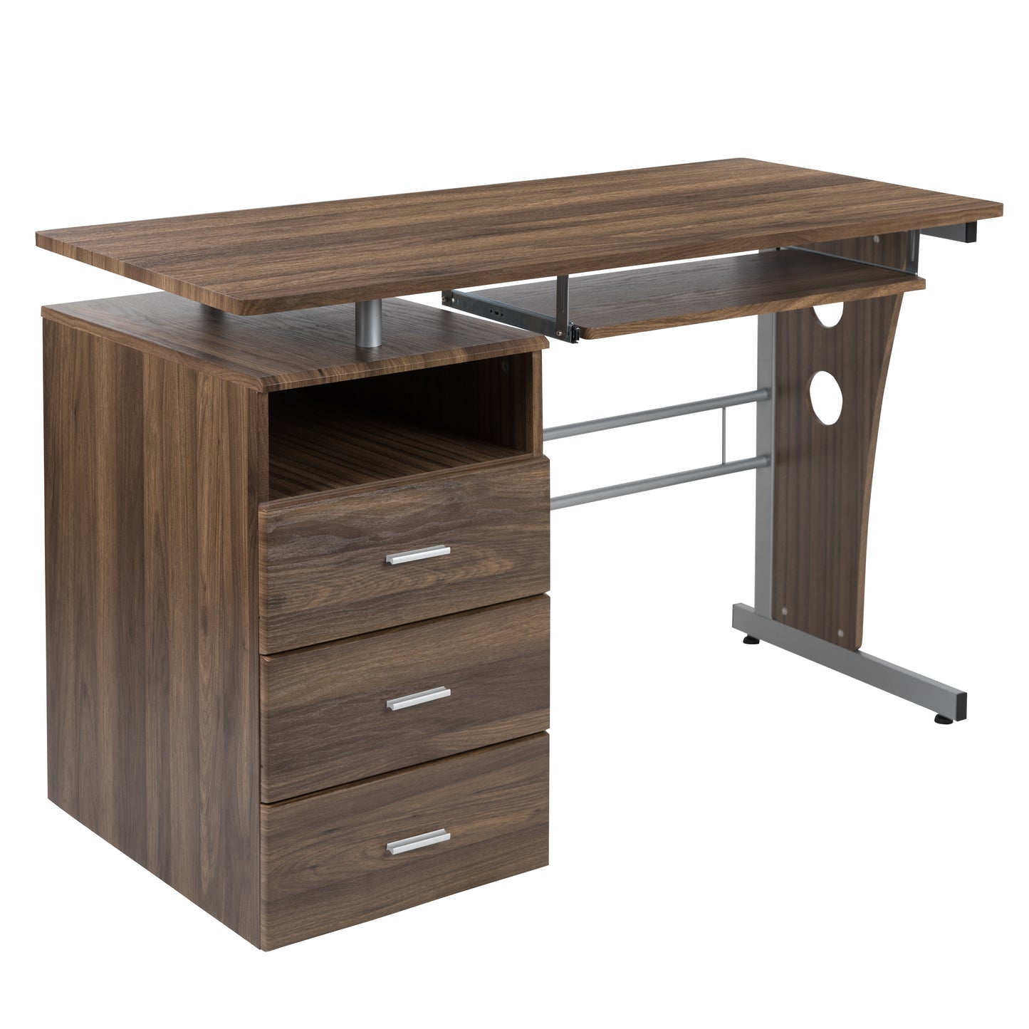 Joshua Rustic Walnut Desk with Three Drawer Pedestal and Pull-Out Keyboard Tray Rustic Walnut