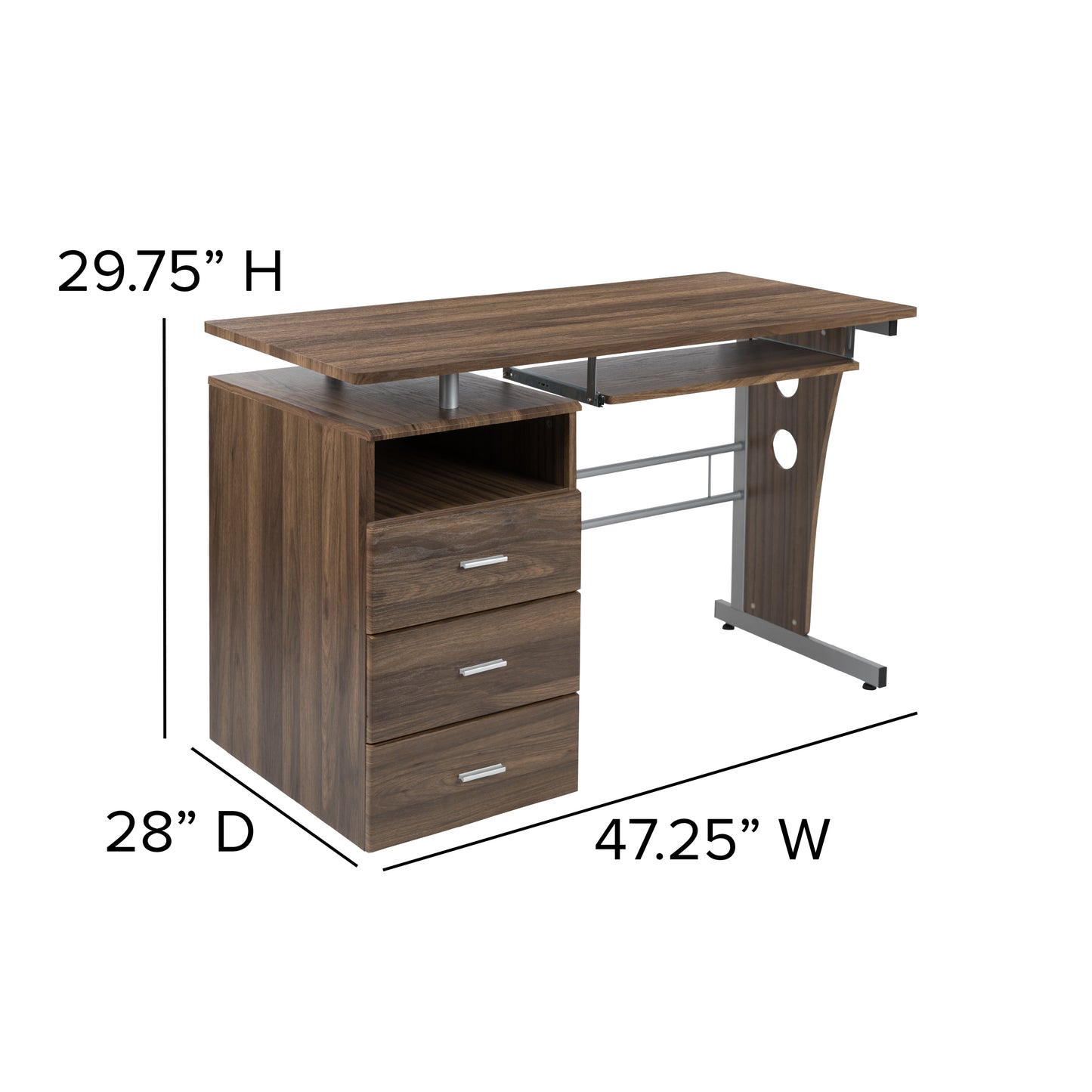 Joshua Rustic Walnut Desk with Three Drawer Pedestal and Pull-Out Keyboard Tray Rustic Walnut