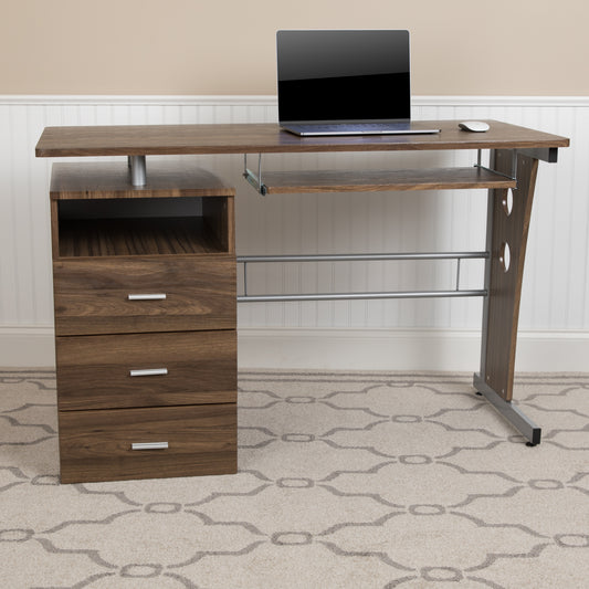 Joshua Rustic Walnut Desk with Three Drawer Pedestal and Pull-Out Keyboard Tray Rustic Walnut NAN-WK-008-RU-GG