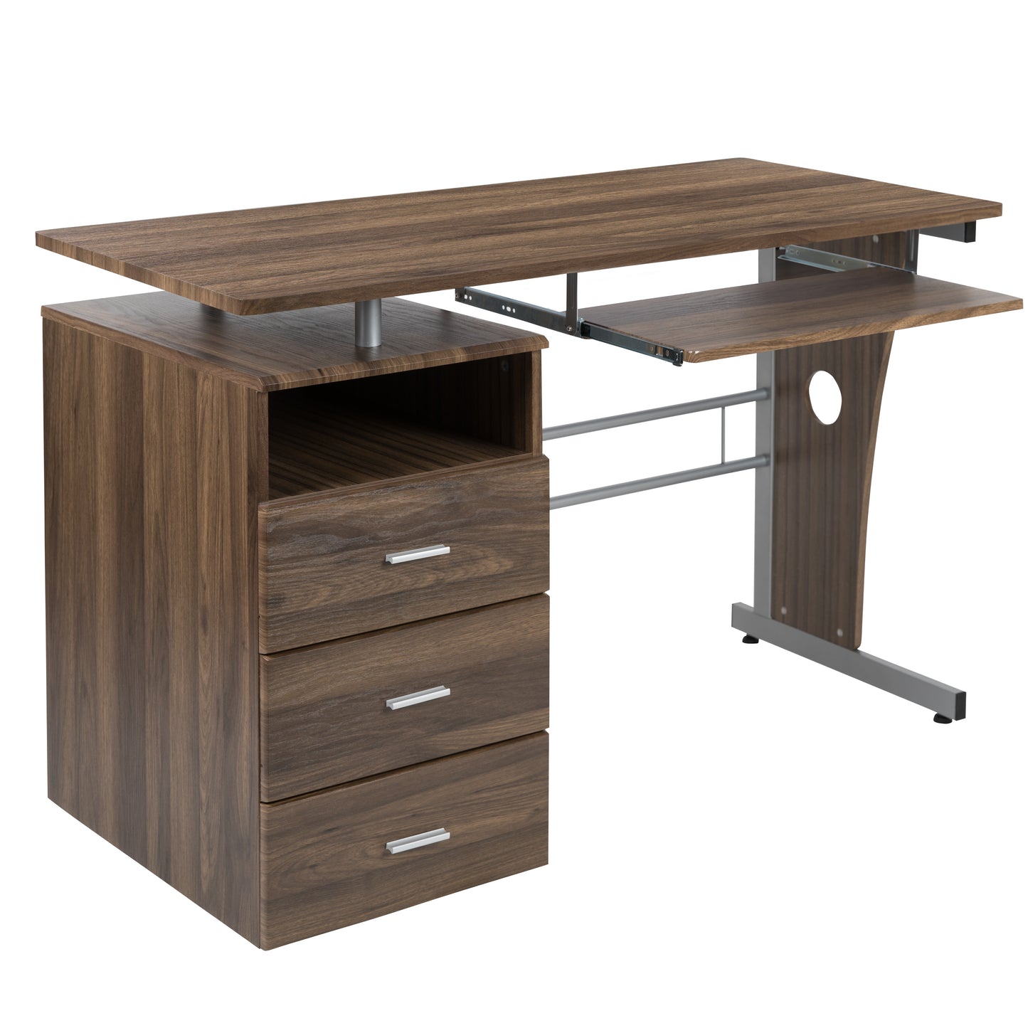 Joshua Rustic Walnut Desk with Three Drawer Pedestal and Pull-Out Keyboard Tray Rustic Walnut