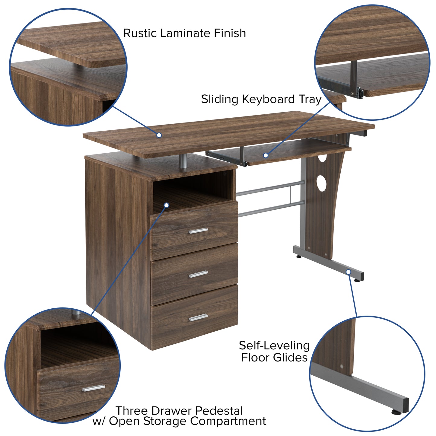 Joshua Rustic Walnut Desk with Three Drawer Pedestal and Pull-Out Keyboard Tray Rustic Walnut