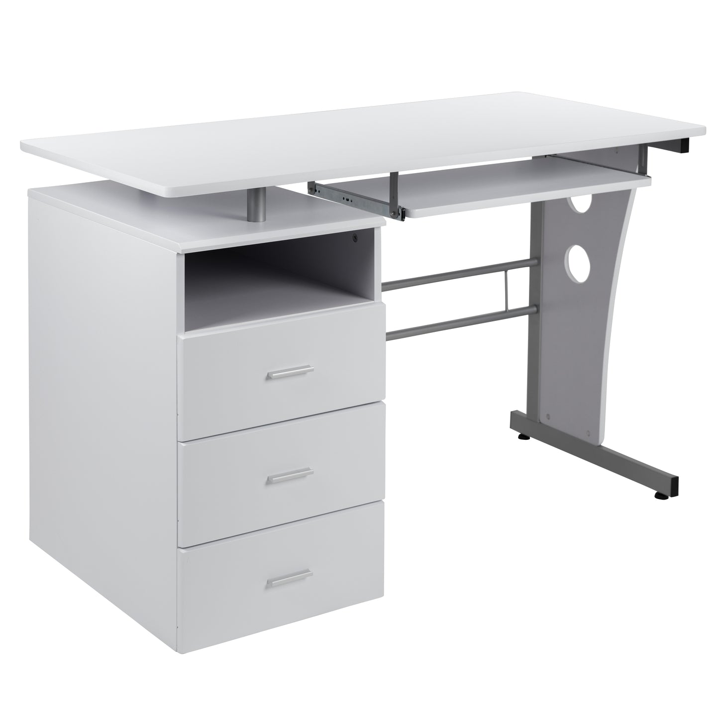 Joshua White Desk with Three Drawer Pedestal and Pull-Out Keyboard Tray White
