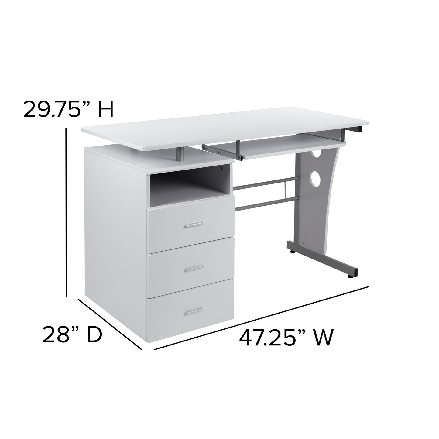 Joshua White Desk with Three Drawer Pedestal and Pull-Out Keyboard Tray White