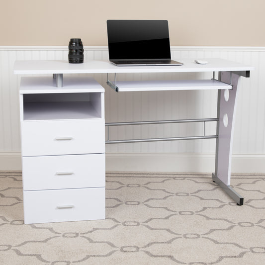 Joshua White Desk with Three Drawer Pedestal and Pull-Out Keyboard Tray White NAN-WK-008-WH-GG