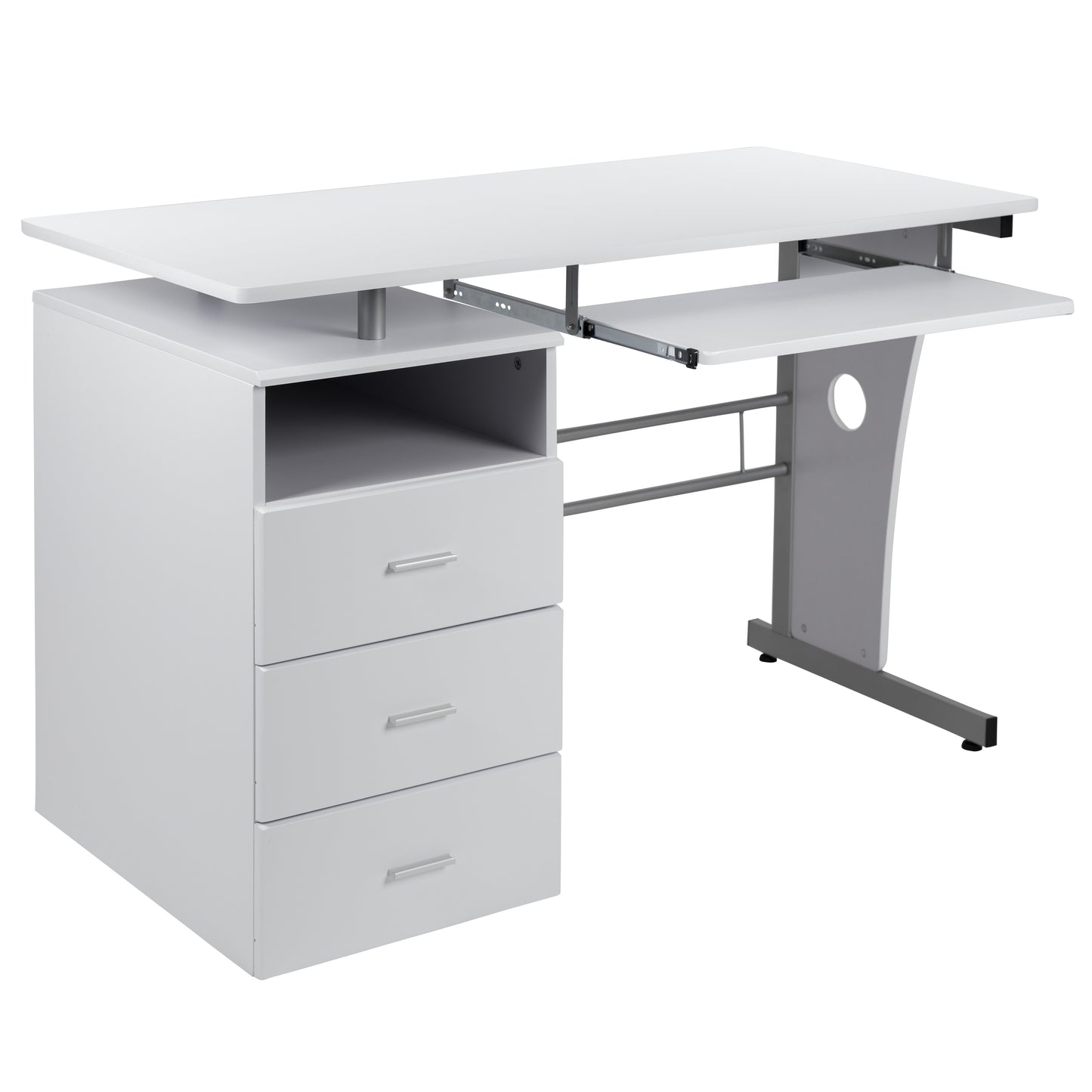 Joshua White Desk with Three Drawer Pedestal and Pull-Out Keyboard Tray White