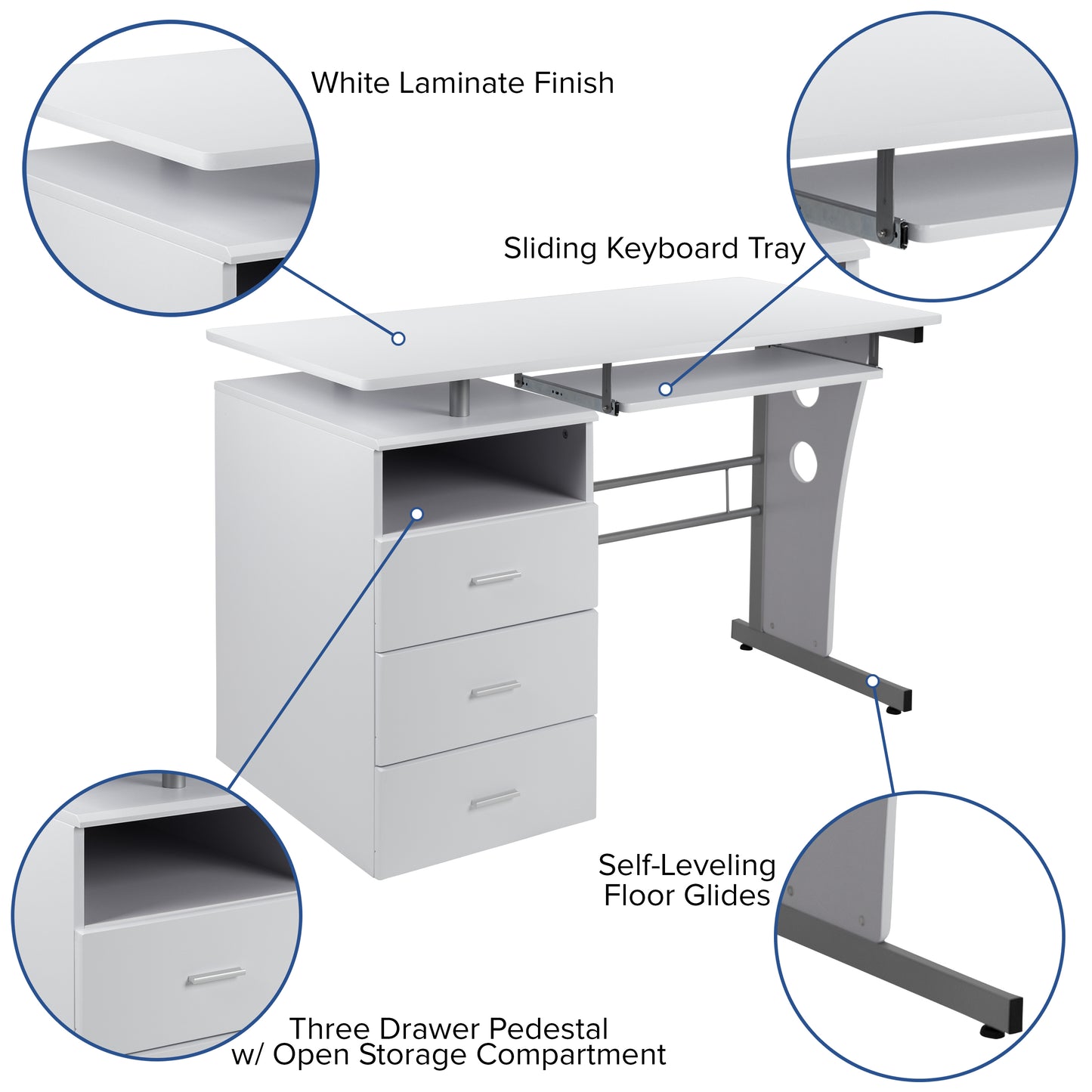 Joshua White Desk with Three Drawer Pedestal and Pull-Out Keyboard Tray White