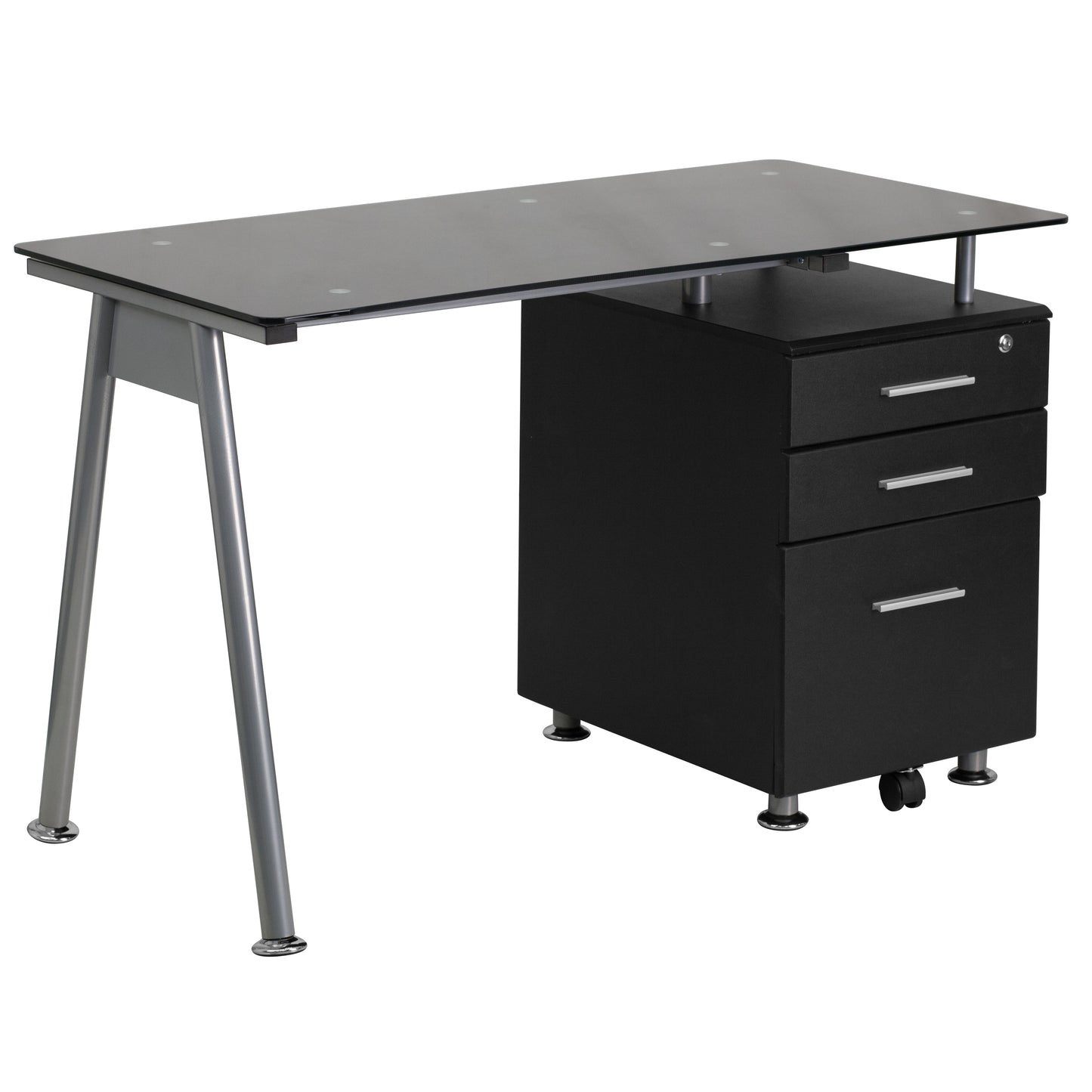 Singleton Black Glass Computer Desk with Three Drawer Pedestal Black