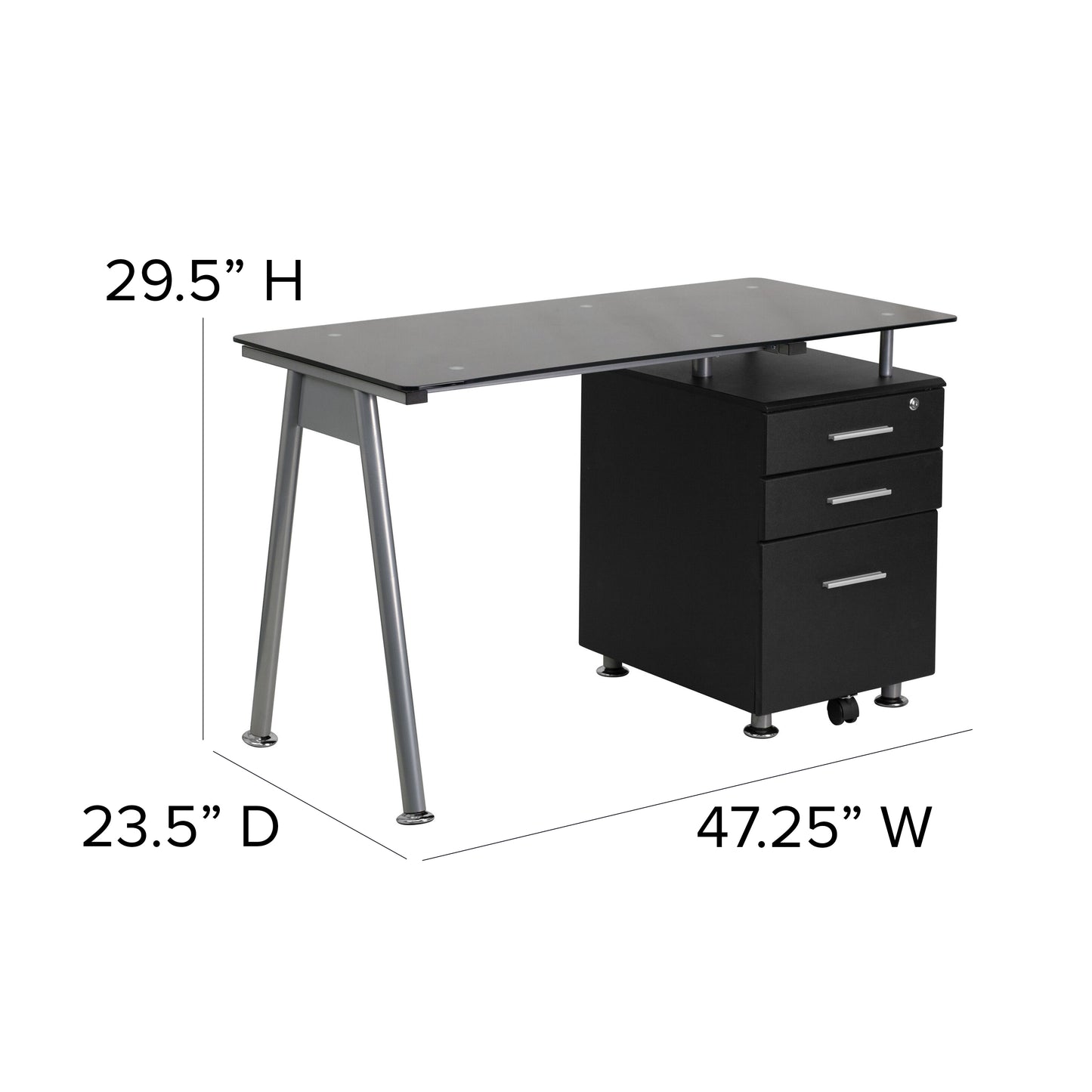 Singleton Black Glass Computer Desk with Three Drawer Pedestal Black