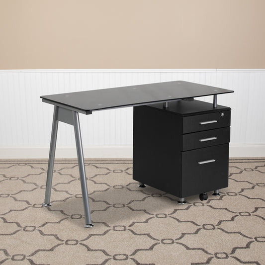 Singleton Black Glass Computer Desk with Three Drawer Pedestal Black NAN-WK-021A-GG
