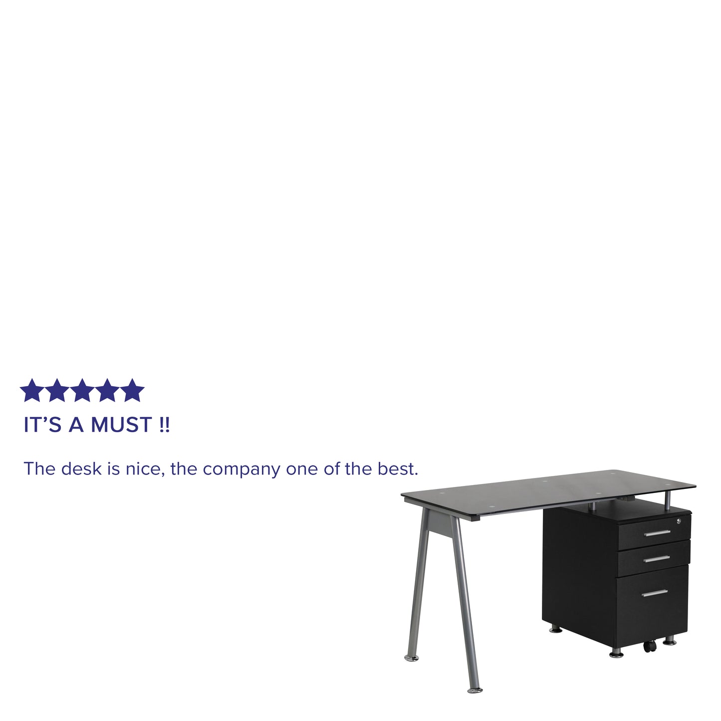 Singleton Black Glass Computer Desk with Three Drawer Pedestal Black