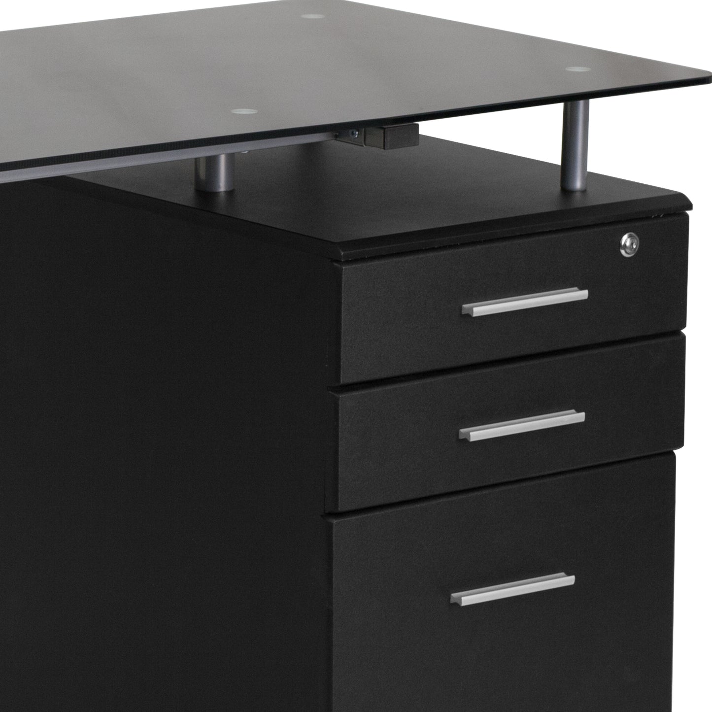 Singleton Black Glass Computer Desk with Three Drawer Pedestal Black