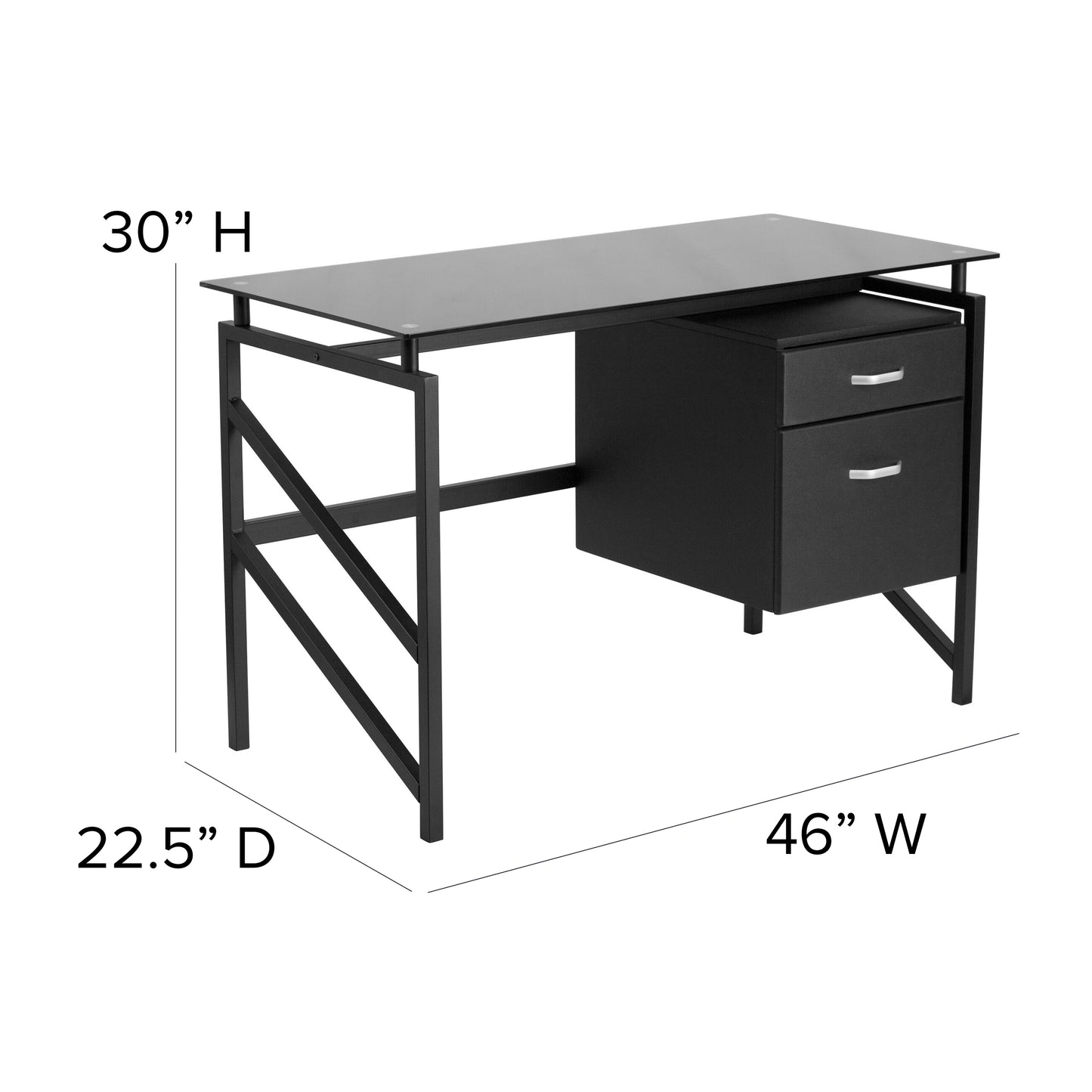 Singleton Glass Desk with Two Drawer Pedestal Black