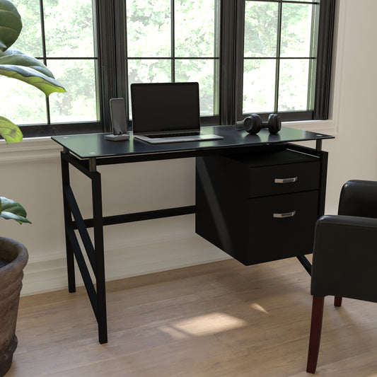 Singleton Glass Desk with Two Drawer Pedestal Black NAN-WK-036-GG