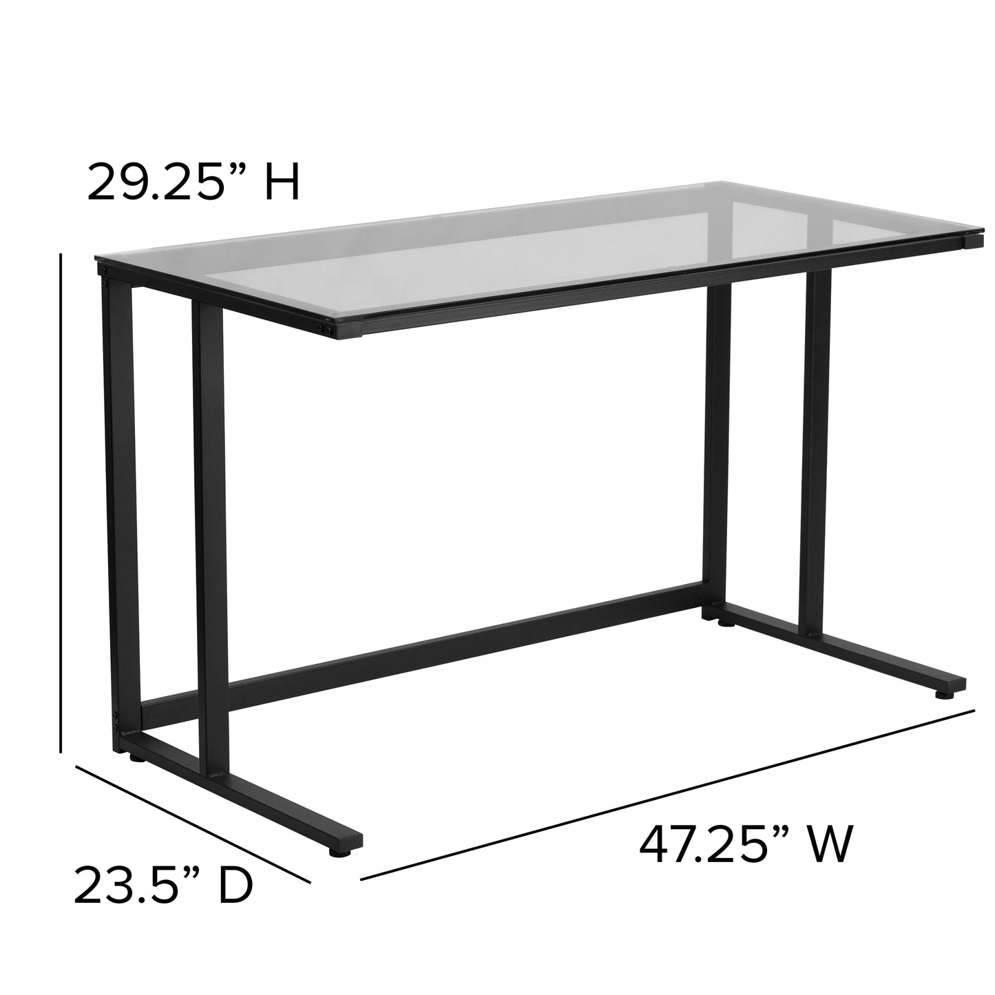 Singleton Glass Desk with Black Pedestal Metal Frame Clear Top/Black Frame