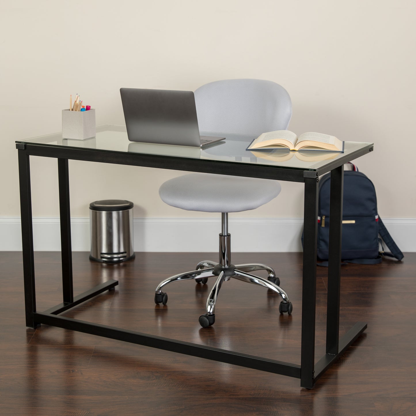 Singleton Glass Desk with Black Pedestal Metal Frame Clear Top/Black Frame