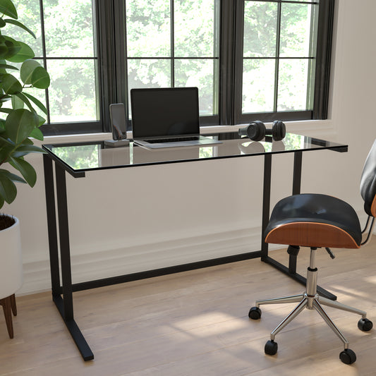 Singleton Glass Desk with Black Pedestal Metal Frame Clear Top/Black Frame NAN-WK-055-GG